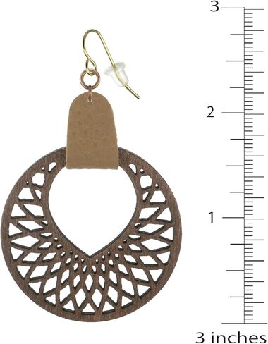 Brown Mandala Wood Hoop and Faux Leather Boho Statement Dangle Earrings, Hypoallergenic 18K Gold Earwires, Gift for Her in Saudi Arabia