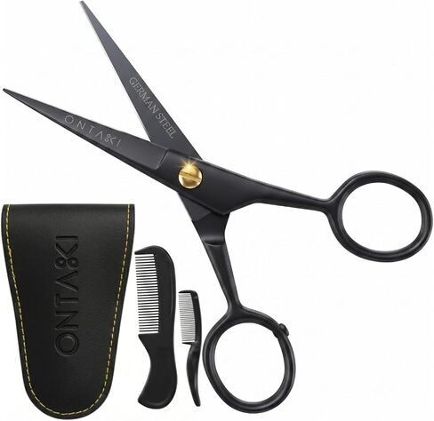 ONTAKI 5" Professional German Beard & Mustache Scissors With 2 Comb & Carrying Pouch for Men Hand Forged Bevel Edge For Precision - Perfect Men’s Facial Hair Grooming Kit All Body Facial Hair (Black) in Kuwait