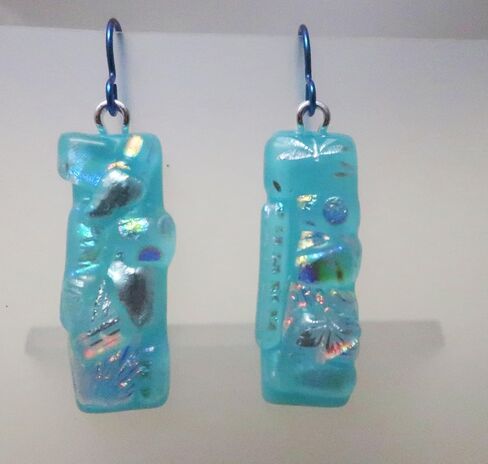 Turquoise Long Crazy Quilt Fused Fused Dichroic Glass Niobium Dangle Earrings n203 in Kuwait