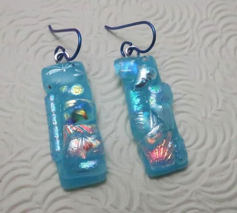 Turquoise Long Crazy Quilt Fused Fused Dichroic Glass Niobium Dangle Earrings n203 in Kuwait