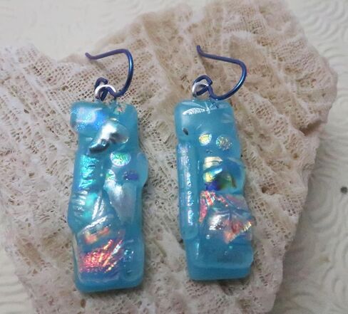Turquoise Long Crazy Quilt Fused Fused Dichroic Glass Niobium Dangle Earrings n203 in Kuwait