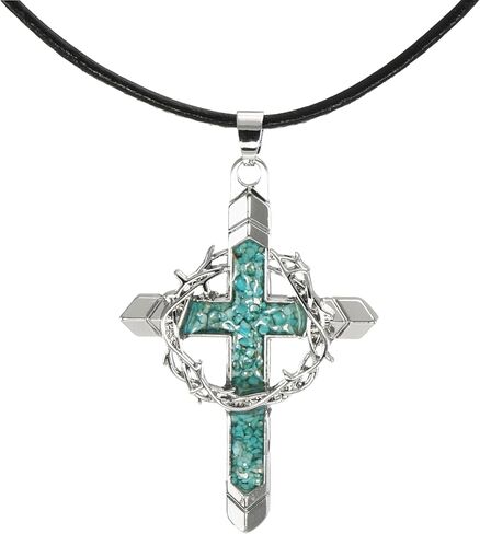 Silver Cross & Crown of Thorns Pendant with Turquoise Inlay, Black Leather Cord Necklace, Faith Gift for Him or Her in Saudi Arabia