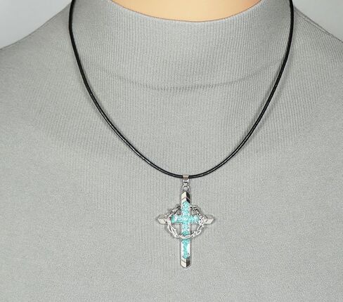 Silver Cross & Crown of Thorns Pendant with Turquoise Inlay, Black Leather Cord Necklace, Faith Gift for Him or Her in Saudi Arabia