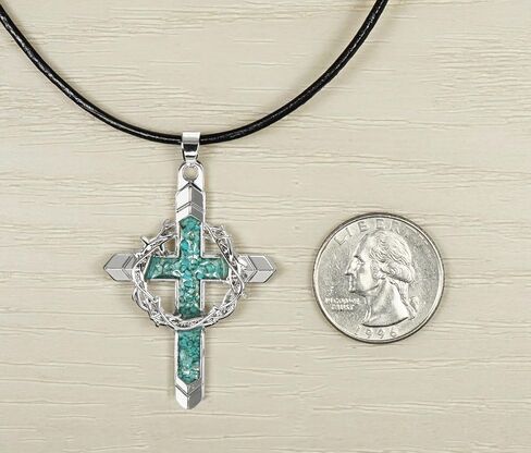 Silver Cross & Crown of Thorns Pendant with Turquoise Inlay, Black Leather Cord Necklace, Faith Gift for Him or Her in Saudi Arabia