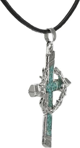 Silver Cross & Crown of Thorns Pendant with Turquoise Inlay, Black Leather Cord Necklace, Faith Gift for Him or Her in Saudi Arabia