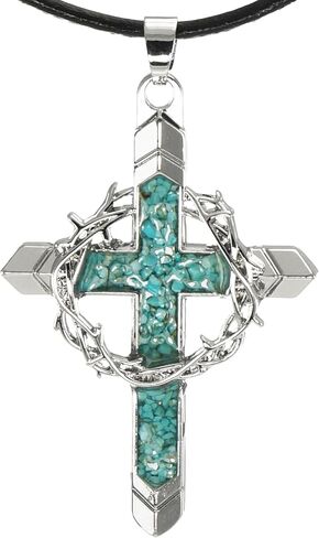Silver Cross & Crown of Thorns Pendant with Turquoise Inlay, Black Leather Cord Necklace, Faith Gift for Him or Her in Saudi Arabia
