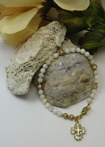 Handmade Anglican Rosary Bracelet, Mother of Pearl Beads, CZ Charm in Kuwait