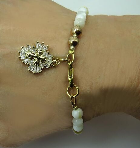 Handmade Anglican Rosary Bracelet, Mother of Pearl Beads, CZ Charm in Kuwait