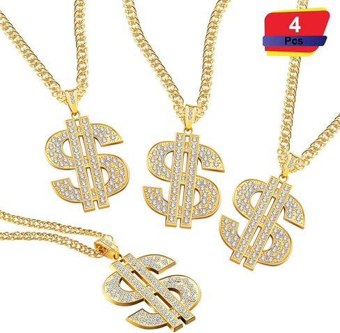 4 Pieces Gold Plated Chain Dollar Necklace for Men with Dollar Sign Pendant Necklace, Hip Hop Dollar Necklace (4 Pieces) in Kuwait
