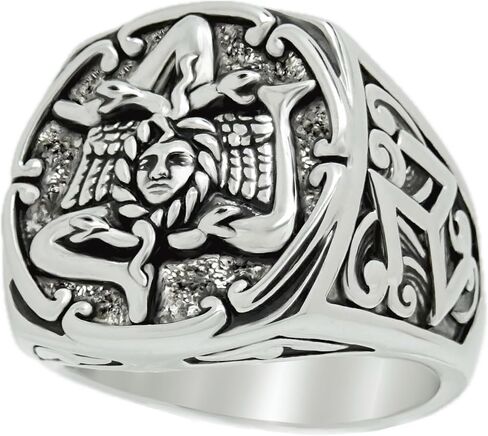 Medusa Sicilian Trinacria Men’s Statement Ring – 18K White Gold Plated Brass Triskelion in Kuwait