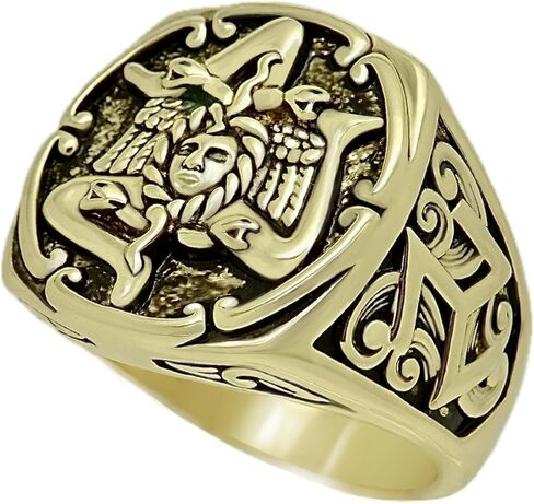 Medusa Trinacria Men's Signet Ring, 18K Yellow Gold Plated Brass, Solid Inside Triskelion Sicilian Jewelry in Kuwait