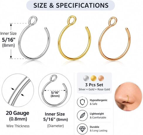 NZDLM Fake Nose Ring Hoop Nose Rings Set Nose Piercing Lip Nose Rings Jewelry for Women Men Girl in Kuwait