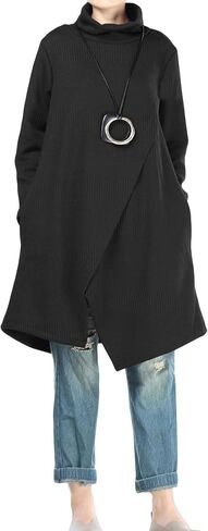 Minibee Women's Long Sleeves Dress Cowl Neck Pullovers Irregular Hem Sweater Dress with Pockets in Kuwait