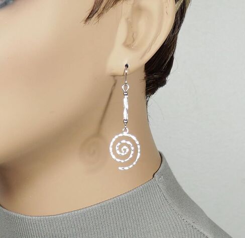 Dainty Sterling Silver Hammered Swirl & Glass Twists Earrings, Hypoallergenic Platinum Ear Wires in Saudi Arabia