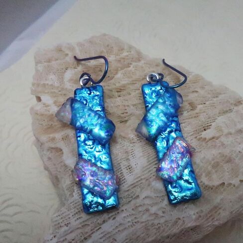 2" Aqua Blue Crossover Dichroic Glass Niobium Dangle Earrings N219 in Kuwait