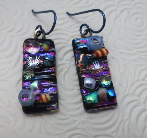 Multi-color Long Crazy Quilt Fused Fused Dichroic Glass Niobium Dangle Earrings n182 in Kuwait