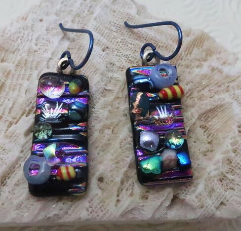 Multi-color Long Crazy Quilt Fused Fused Dichroic Glass Niobium Dangle Earrings n182 in Kuwait