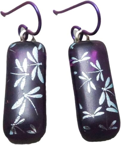 Long Silver Dragonflies Purple Fused Dichroic Glass Dangle Niobium Earrings N129 in Kuwait