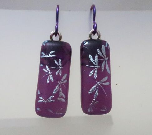 Long Silver Dragonflies Purple Fused Dichroic Glass Dangle Niobium Earrings N129 in Kuwait