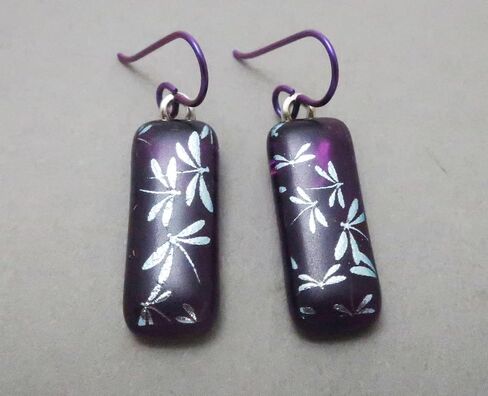 Long Silver Dragonflies Purple Fused Dichroic Glass Dangle Niobium Earrings N129 in Kuwait