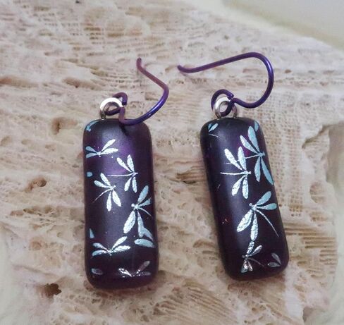 Long Silver Dragonflies Purple Fused Dichroic Glass Dangle Niobium Earrings N129 in Kuwait