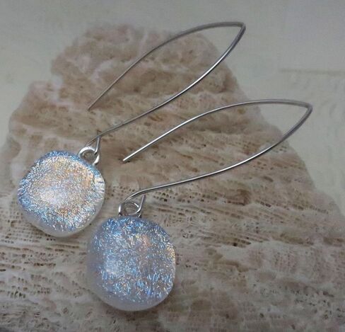 Fused Dichroic Glass Silver Blue Dragonfly Threader Argentium Sterling Silver Earrings in Kuwait