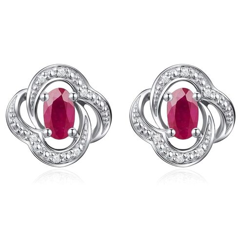 Ladies Earring Studs - 14 Karat - Gold - Precious Gem Stone - Ruby - Diamond - Floral - Oval Shape in Saudi Arabia