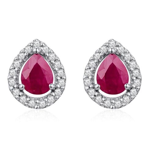 Ladies Earring Studs - 14 Karat - Gold - Precious Gem Stone - Ruby - Diamond - Halo - Pear Shape in Saudi Arabia