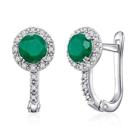Ladies Earrings - 14 Karat - Gold - Precious Gem Stone - Emerald - Diamond - Halo - Round Shape in Saudi Arabia