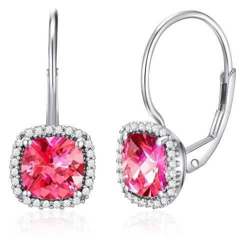Ladies Earrings - 14 Karat - Gold - Imitation Gem Stone - Pink Topaz - Diamond - Halo - Cushion Shape in Saudi Arabia
