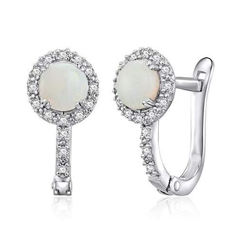 Ladies Earrings - 14 Karat - Gold - Genuine Gem Stone - Opal - Diamond - Halo - Round Shape in Saudi Arabia