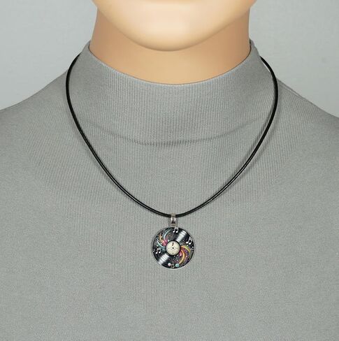Intricate Highly Detailed Small Vinyl LP Record Printed Pendant Black Leather Cord Necklace, Length Choices, Gift for Her or Him in Saudi Arabia