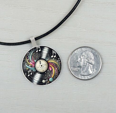 Intricate Highly Detailed Small Vinyl LP Record Printed Pendant Black Leather Cord Necklace, Length Choices, Gift for Her or Him in Saudi Arabia