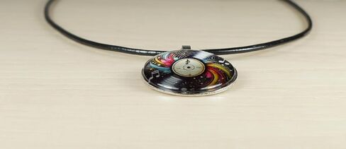 Intricate Highly Detailed Small Vinyl LP Record Printed Pendant Black Leather Cord Necklace, Length Choices, Gift for Her or Him in Saudi Arabia