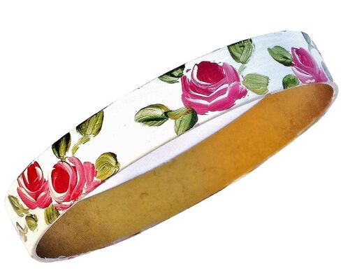 Extra Wide White Stacking Brass Bangle Flower Bracelet with Artist Hand Painted Pink Roses Romantic Floral Summer Jewelry for Women Wider Wrists in Kuwait