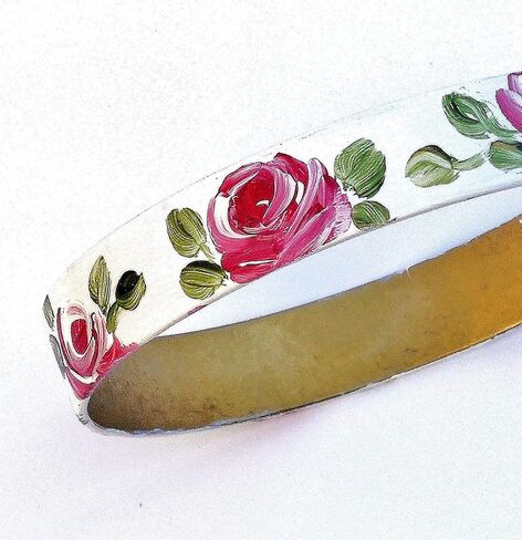 Extra Wide White Stacking Brass Bangle Flower Bracelet with Artist Hand Painted Pink Roses Romantic Floral Summer Jewelry for Women Wider Wrists in Kuwait