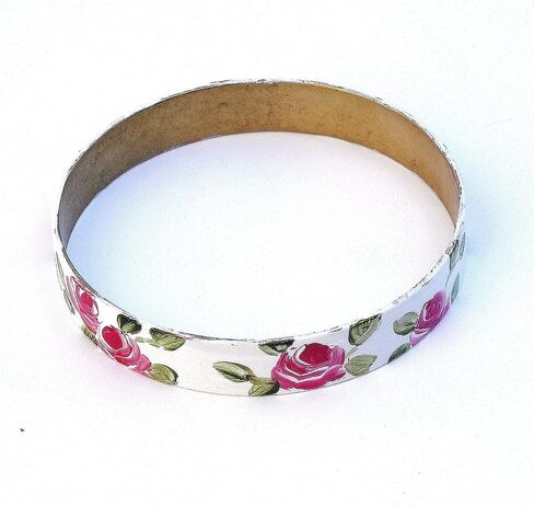 Extra Wide White Stacking Brass Bangle Flower Bracelet with Artist Hand Painted Pink Roses Romantic Floral Summer Jewelry for Women Wider Wrists in Kuwait