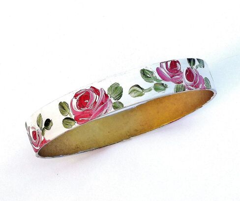 Extra Wide White Stacking Brass Bangle Flower Bracelet with Artist Hand Painted Pink Roses Romantic Floral Summer Jewelry for Women Wider Wrists in Kuwait
