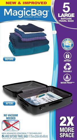 MagicBag Smart Design Instant Space Saver Storage - Travel Large Suitcase - Set of 5 Bags Total - Airtight Double Zipper - Vacuum Seal - Clothing, Pillows - Home Organization in Saudi Arabia
