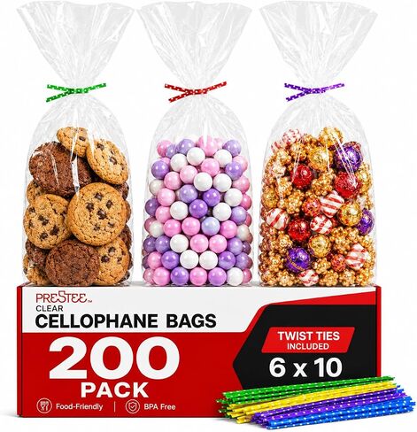 Prestee 200 Pack Self-Sealing Cellophane Bags 6x10 - Clear Bags for Small Gifts, Cookies, Candy, and Bakery - Airtight Goodie Bag for Gift Giving and Packaging - Food-Safe Plastic Treat Bag in Saudi Arabia