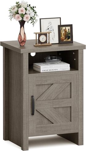 JUMMICO Farmhouse Nightstand Set of 2 with Barn Door, Rustic White in Saudi Arabia