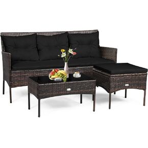 RELAX4LIFE 3 Pieces Patio Furniture Sectional Set, Rattan Wicker Conversation Set W/ 5 Cozy Seat & Back Cushions, Tempered Glass Coffee Table for Poolside, Balcony, Backyard Outdoor Furniture (Navy) in Kuwait