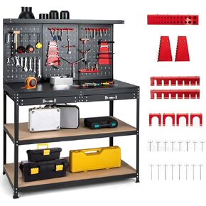 ERGOMASTER Work Bench with Drawers,Heavy Duty Garage Workbench with Pegboard, 965LBS Capacity Work Table for Garage, Home, Workshop, Auto Shop, Basement (Red workbench with drawer) in Kuwait