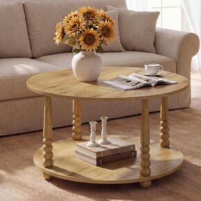 VASAGLE 2-Tier Round Coffee Table with Storage, Solid Wood Legs in Kuwait