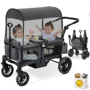 ELEMARA Foldable Wagon Stroller, Stroller Wagon for 2 Kids, Premium All Terrain Wagon for Kids with Removable Canopy, Adjustable Push/Pull Handle, Harnesses, Large Storage Bag, Black in Saudi Arabia