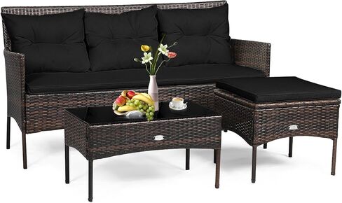 RELAX4LIFE 3 Pieces Patio Furniture Sectional Set, Rattan Wicker Conversation Set W/ 5 Cozy Seat & Back Cushions, Tempered Glass Coffee Table for Poolside, Balcony, Backyard Outdoor Furniture (Navy) in Kuwait