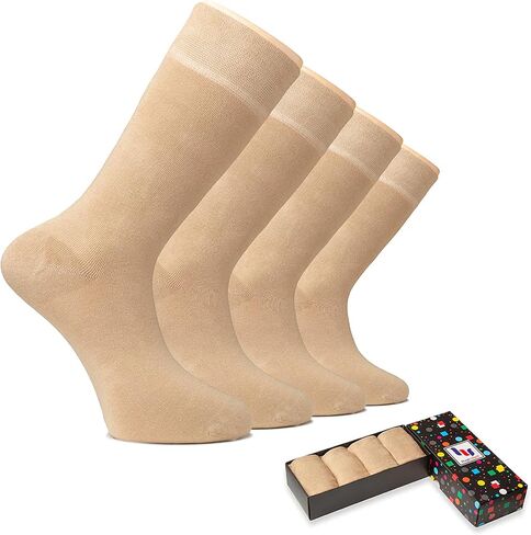 HUGH UGOLI Men's Bamboo Dress Socks for Business & Trouser, Thin & Seamless Crew Socks, 4 Pairs with Gift Box, Shoe Size 8-12 in Kuwait