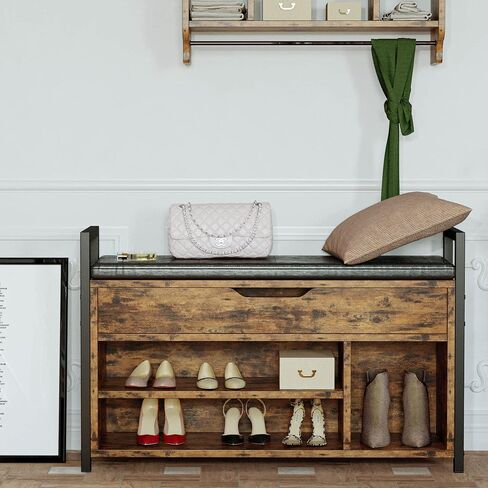 IRONCK Shoe Storage Bench, Entryway Bench with Lift Top Storage Box, Metal and Board Bench for Entryway, Two Tier Shoe Rack Organizer for Entryway, Hallway, Industrial, Vintage Brown in Kuwait