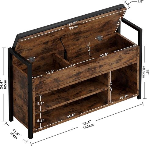 IRONCK Shoe Storage Bench, Entryway Bench with Lift Top Storage Box, Metal and Board Bench for Entryway, Two Tier Shoe Rack Organizer for Entryway, Hallway, Industrial, Vintage Brown in Kuwait