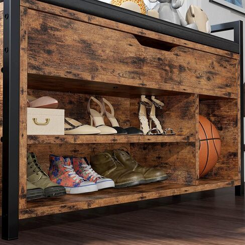 IRONCK Shoe Storage Bench, Entryway Bench with Lift Top Storage Box, Metal and Board Bench for Entryway, Two Tier Shoe Rack Organizer for Entryway, Hallway, Industrial, Vintage Brown in Kuwait